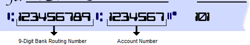 Check image showing bank routing and checking account number.